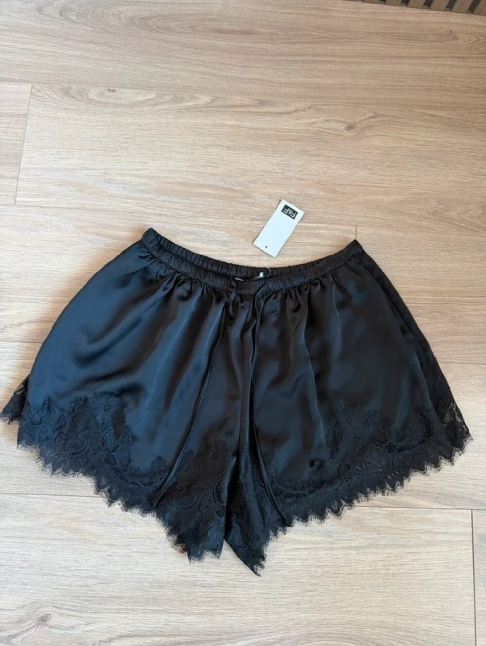 F&F Black Satin Lace-Trim Sleep Shorts